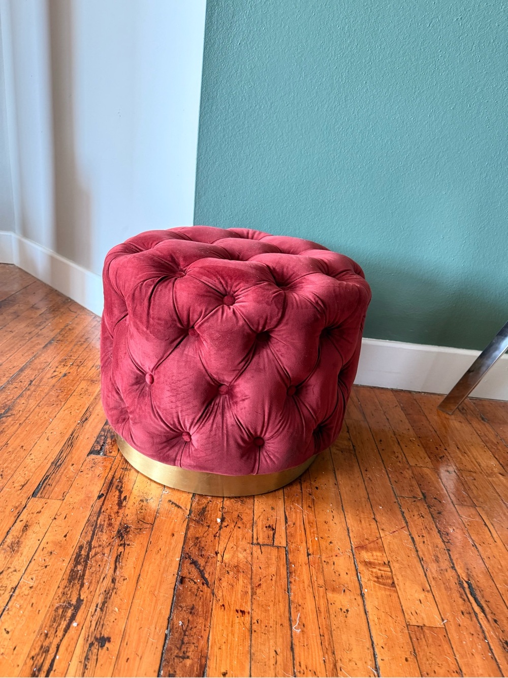 Tufted Velvet Round Ottoman Pouf in Wine with Gold Base